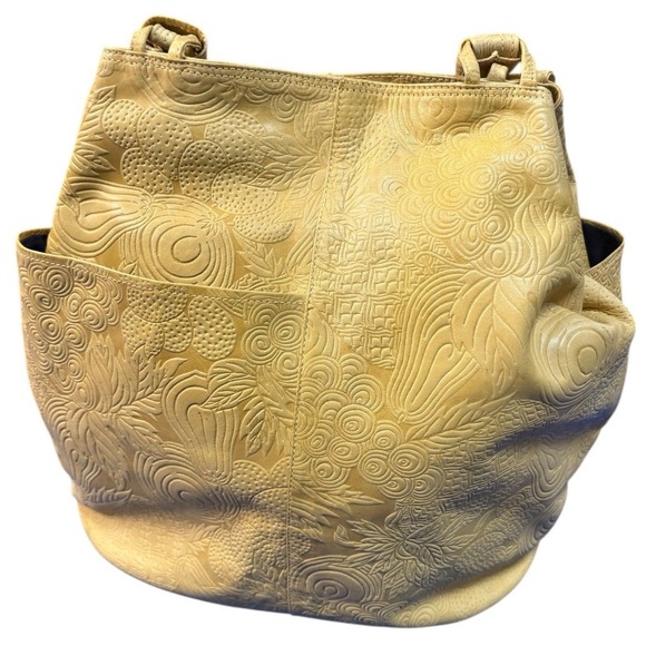 Vintage Baganda Genuine Leather Yellow Gold Embossed Floral Tote Shoulder Bag - Picture 2 of 15